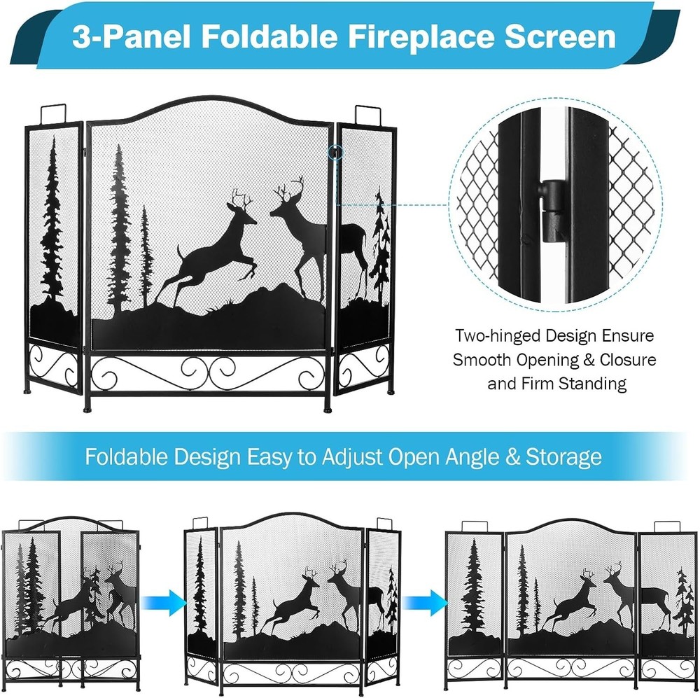 3 Panel Fireplace Screen with Deer Pattern,47.6” x 30.7” Large Folding Firepla..