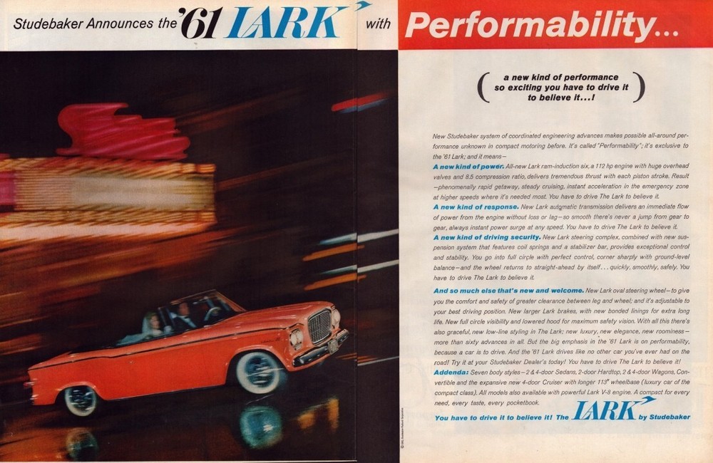 1960 Studebaker TWO PAGE Print Ad '61 With Performability Red Car