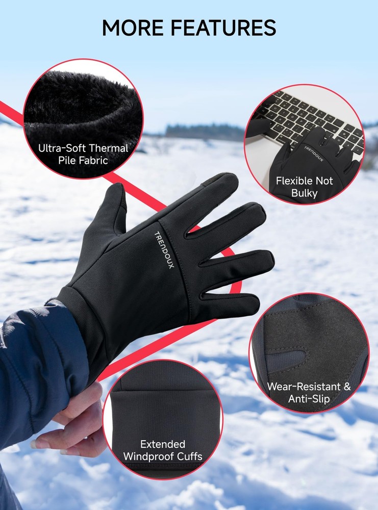 TRENDOUX Touchscreen Fingers Thin Warm Black Tech Winter Gloves Small,