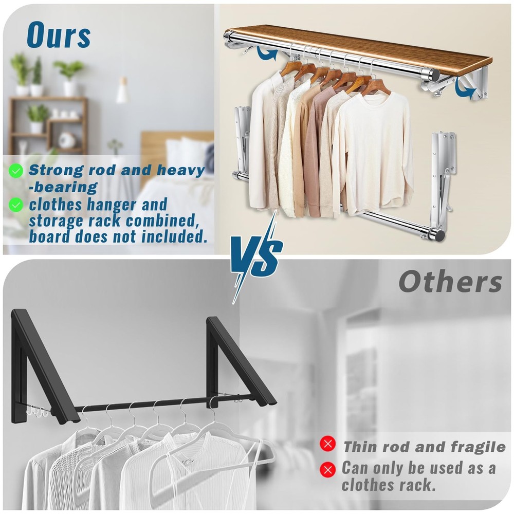 Foldable Wall Mounted Clothes Rack-30'' Long Rod&2 Thick Bases,Stainless Stee...