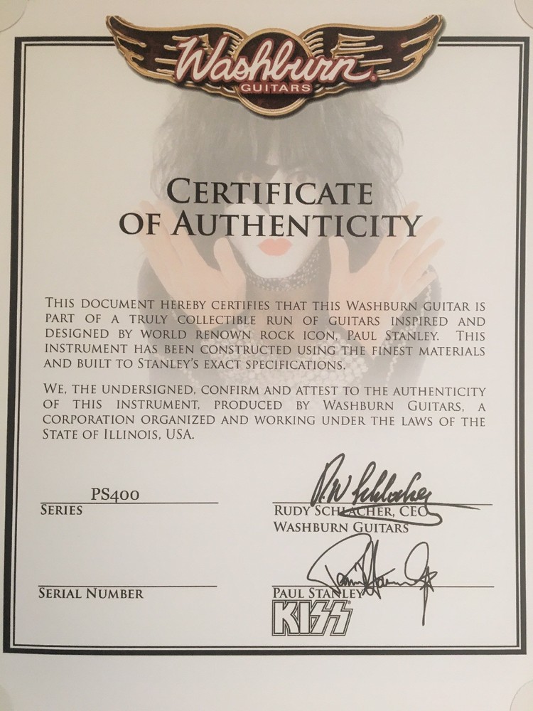 Washburn Guitar Certificate of Authenticity for Paul Stanley Model, PS400 PS-400