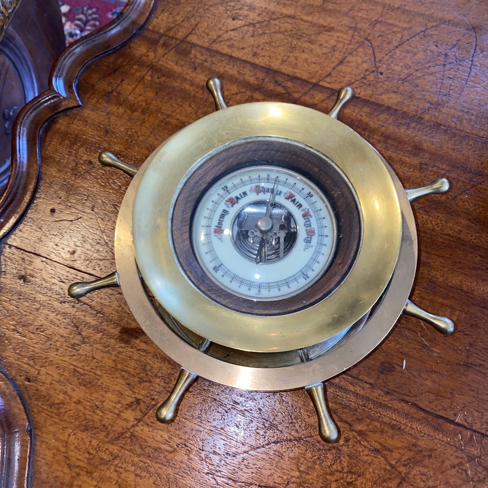 Antique Ship Clock Converted Into Brass Ship Wheel Barometer