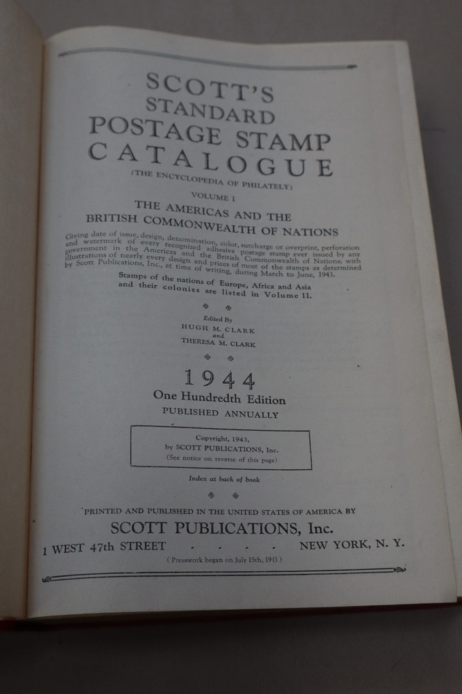 1944 Vol. 1 Scott’s Standard Postage Stamp Catalogue Hardcover Philately Book