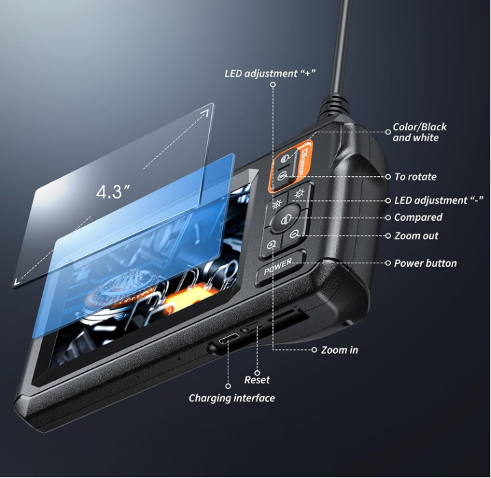 Endoscope Camera with Light, Inspection Borescope Camera with 4.3" IPS Screen, 1
