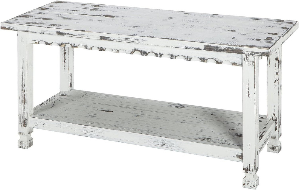 Rustic Cottage Bench with 1 Shelf, White Antique