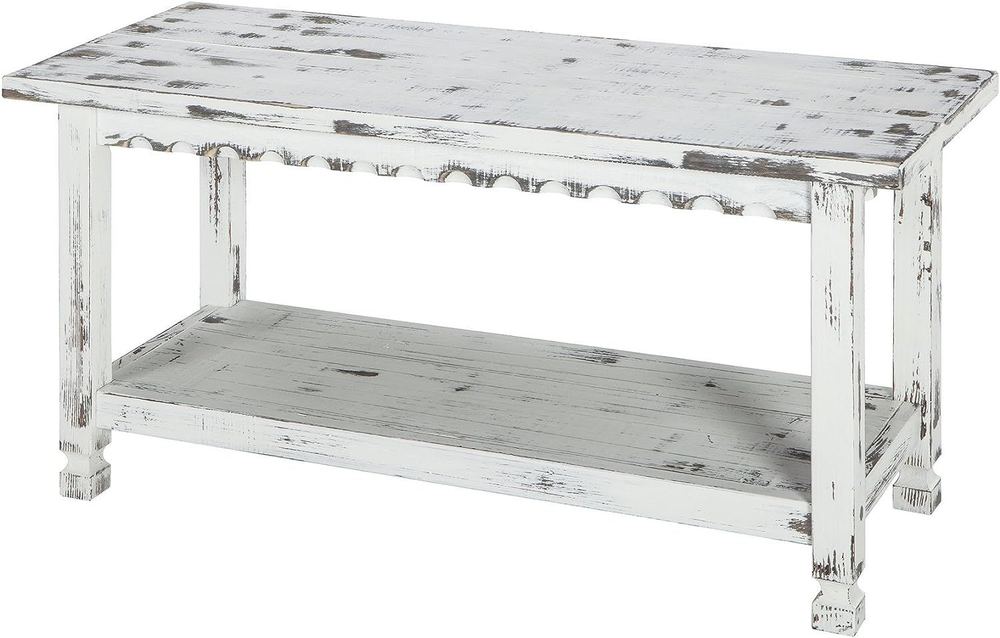 Rustic Cottage Bench with 1 Shelf, White Antique