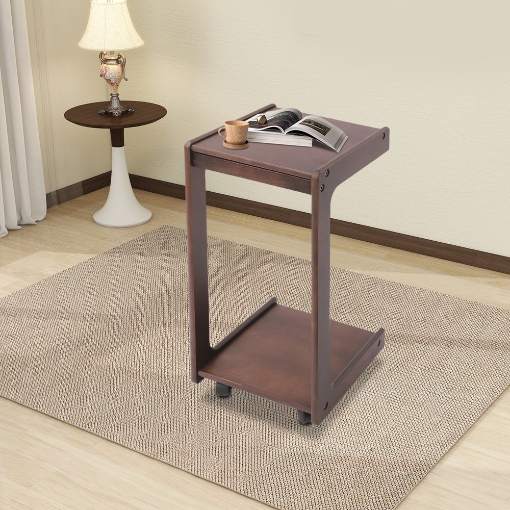 2-Tier Solid Wood C-Shaped Side Table with Drawer and Lockable Wheels