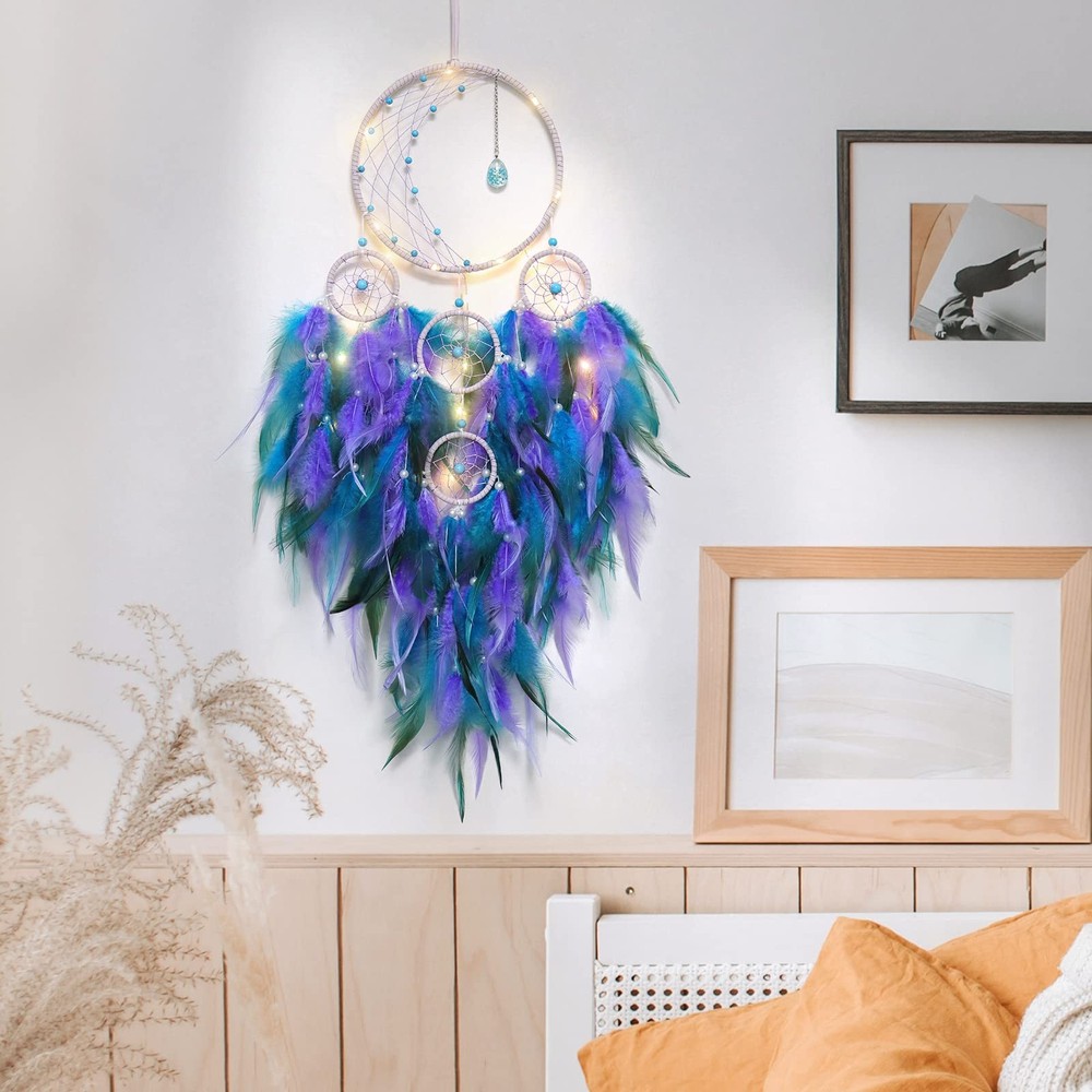 LED Light Up Dream Catcher Half Circle Moon Decor with Lights Handmade Feathe...