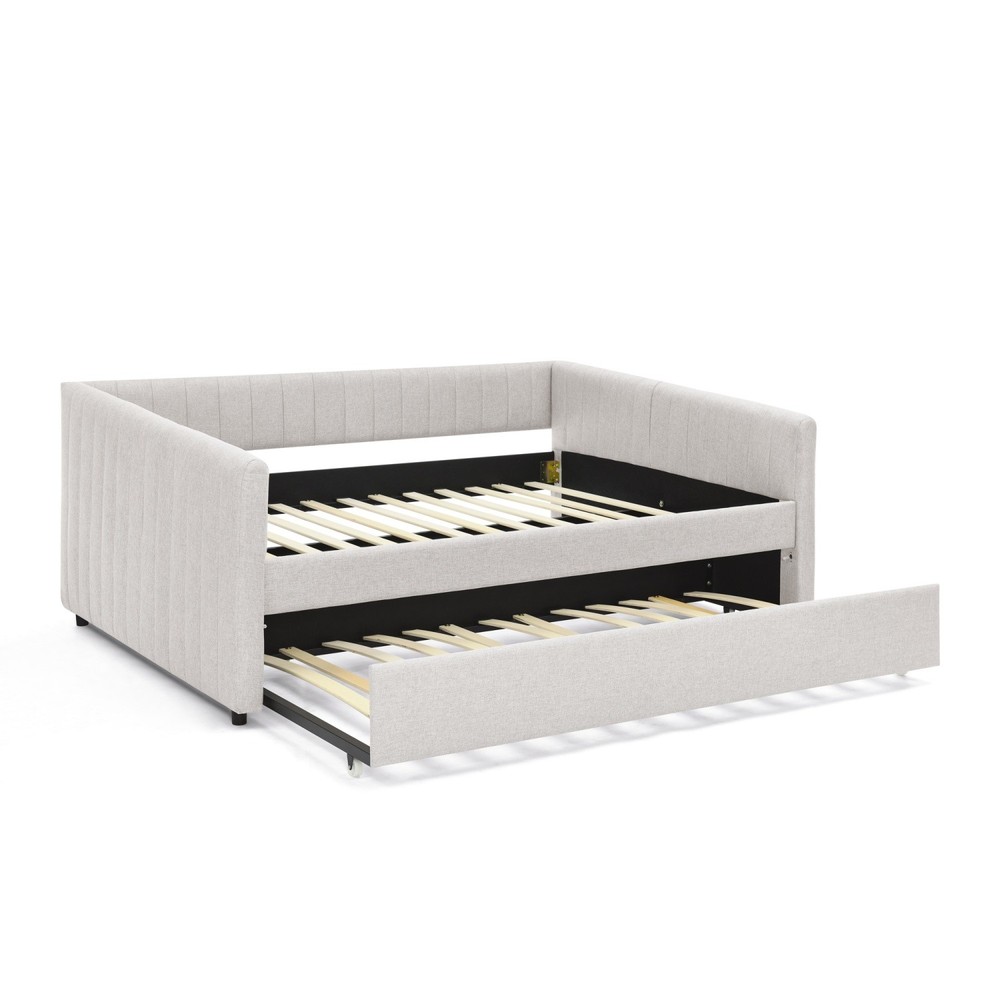Full Daybed Modern Linen Upholstered Bed Frame Sofa Bed w/ Pull-Out Trundle