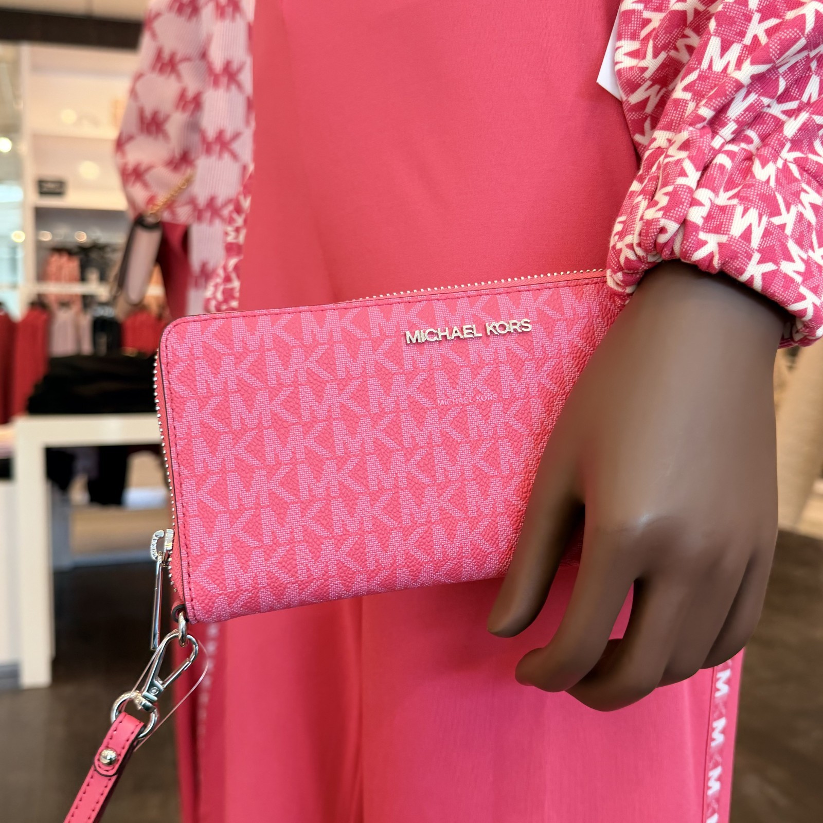 MICHAEL KORS JET SET TRAVEL LG CONTINENTAL WALLET WRISTLET MK LOGO Pink Hibiscus