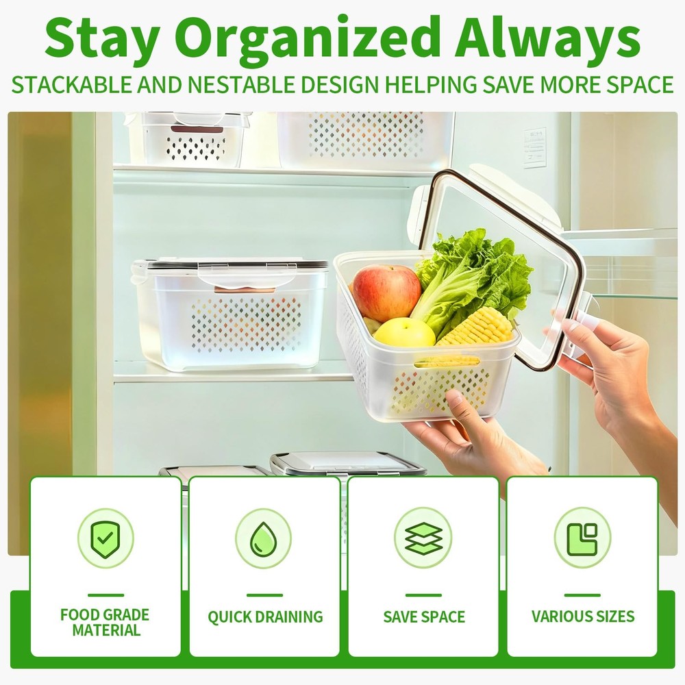 5-Pack Large Fruit Storage Containers for Fridge with Removable Colander, 2 i...