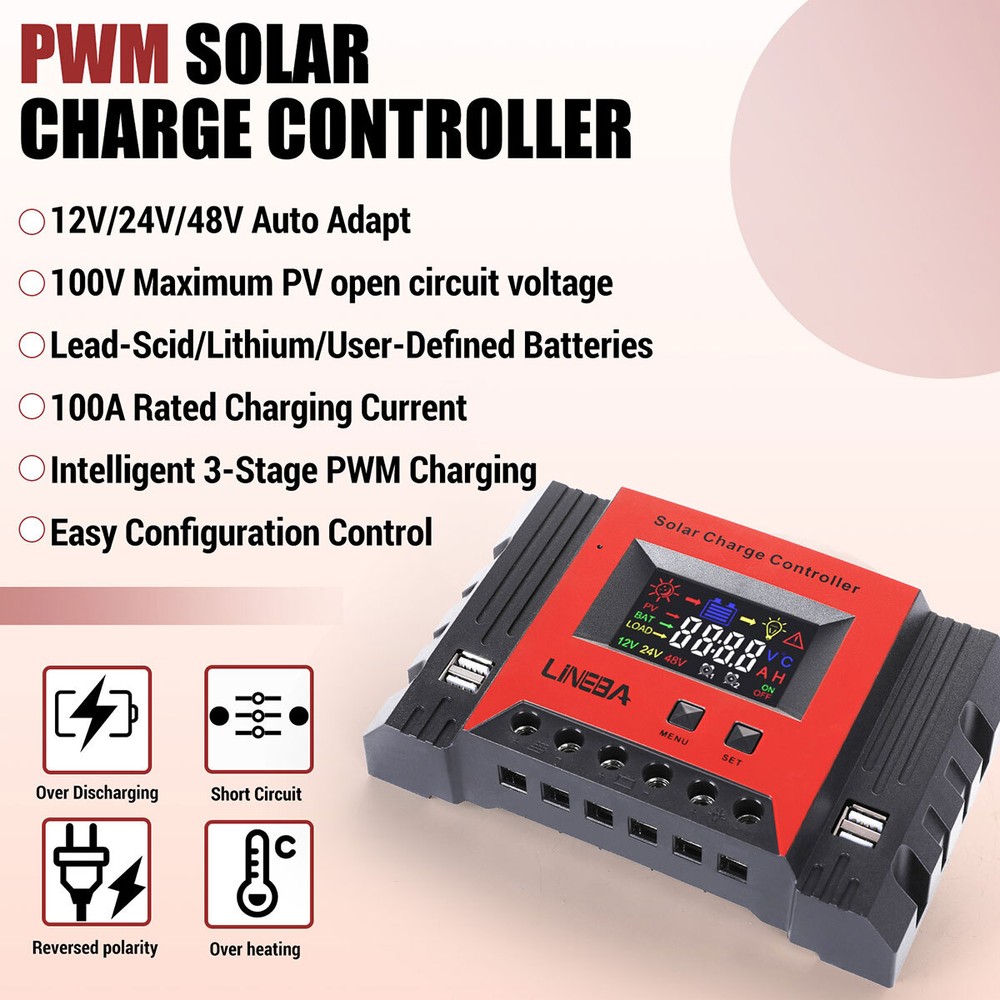 Battery Solar Charge Controller 100A 60A 30A PWM 12V 24V Power Panel Regulator