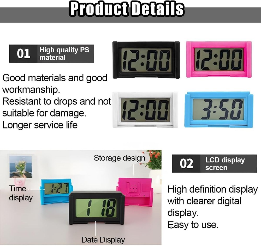 3PCS Mini Car Dashboard Digital Clocks, Small Self-Adhesive Bracket Vehicle A...
