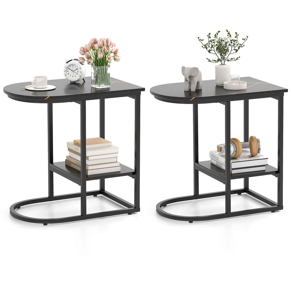 2PCS C-Shaped Side Table Compact 2-tier Storage End Table for Small Space Black
