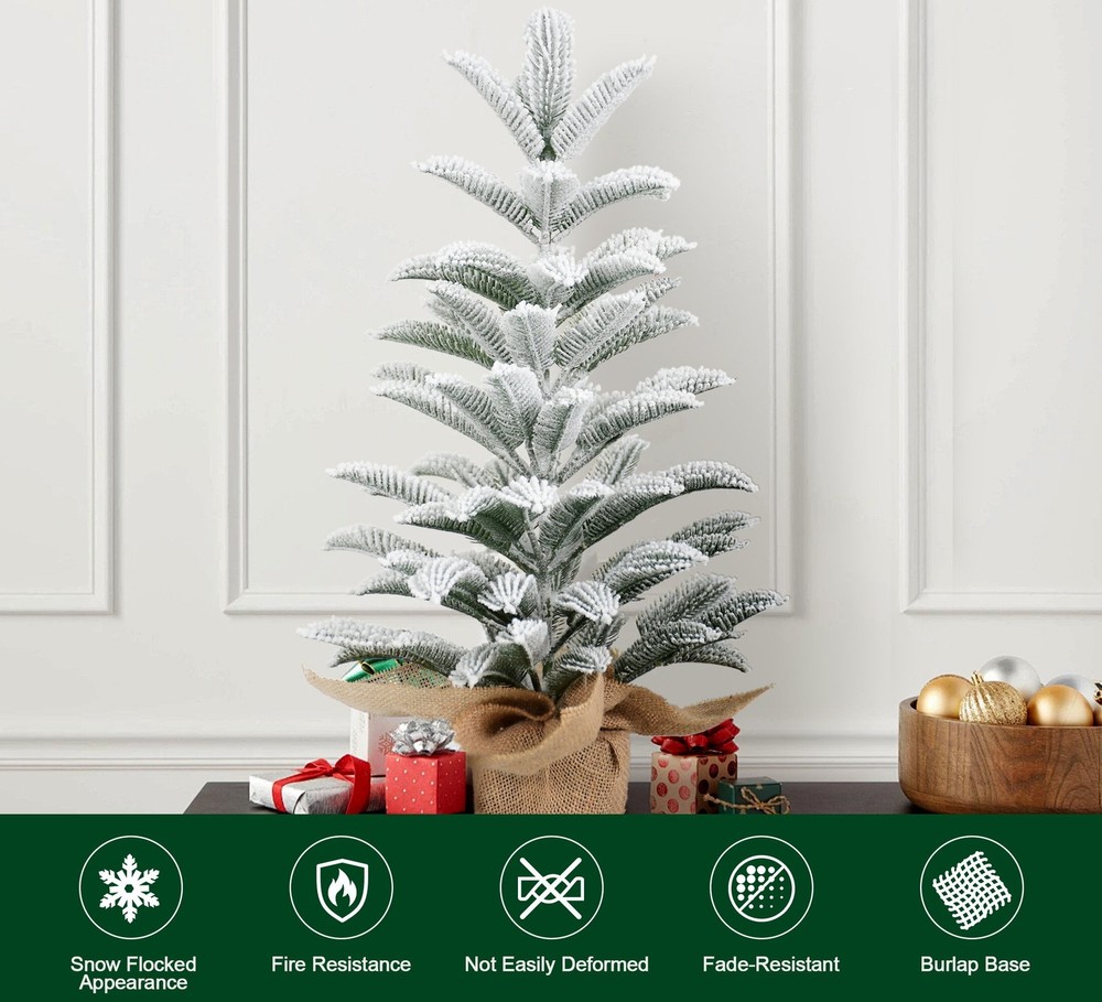 2 ft Flocked Tabletop Artificial Christmas Tree Mini Small Xmas Tree Burlap Base