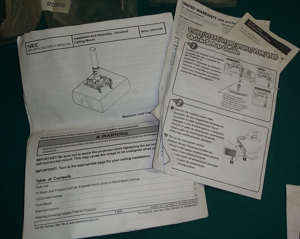 NEC VT695 Portable Projector LCD Multimedia Data w/ Remote Cords & Ceiling Mount