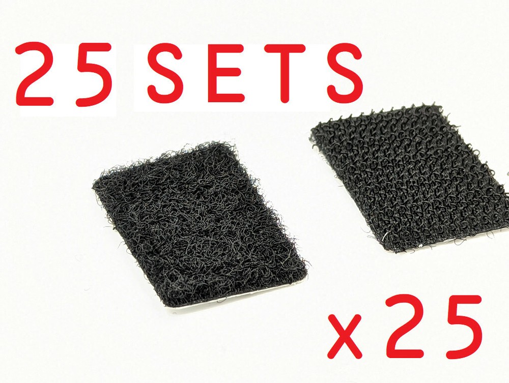 Hook and Loop Strip Square Adhesive Sticky Back Fastener BLACK 25 Sets