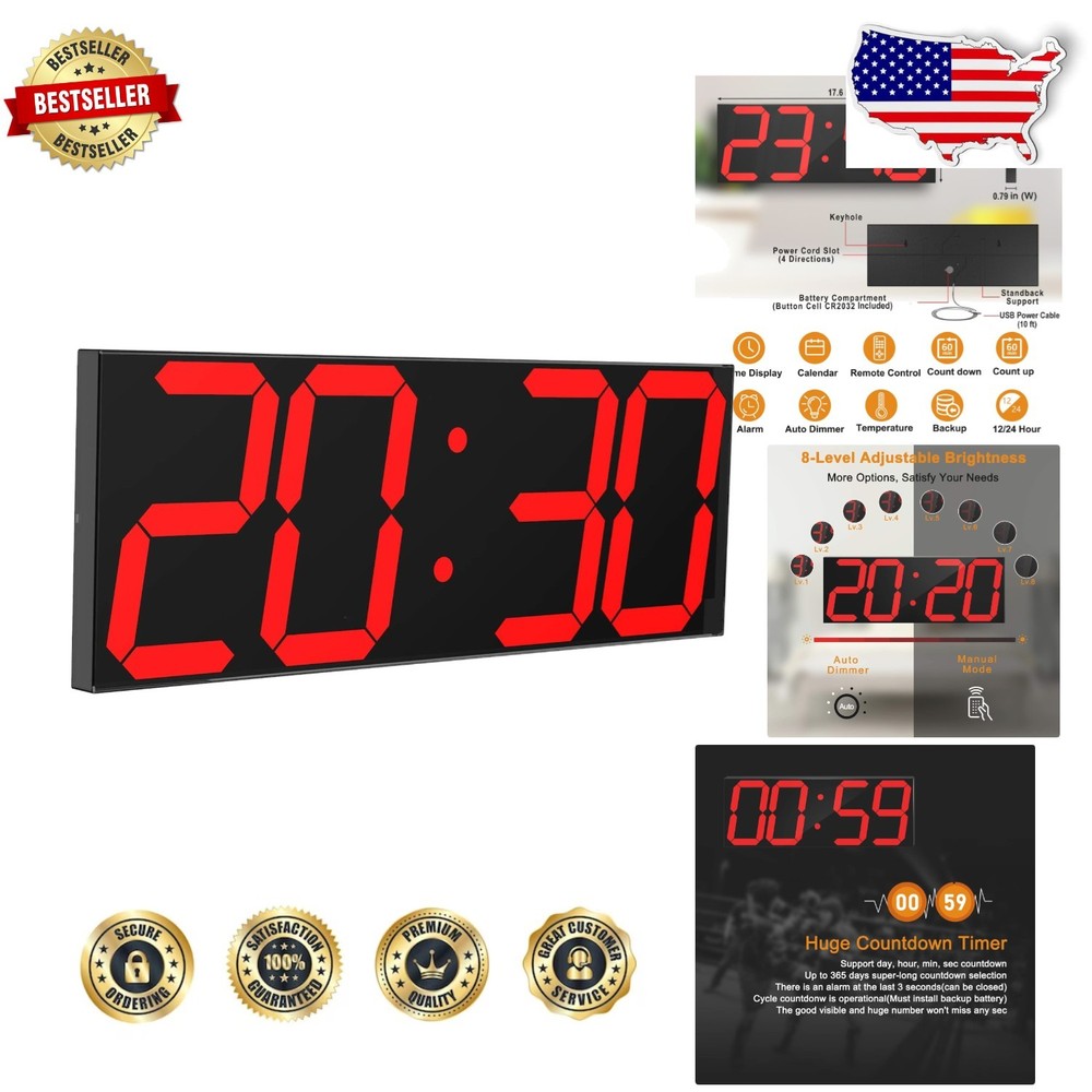Big Red Digital Wall Clock - 6" Numbers, Countdown Timer, Brightness
