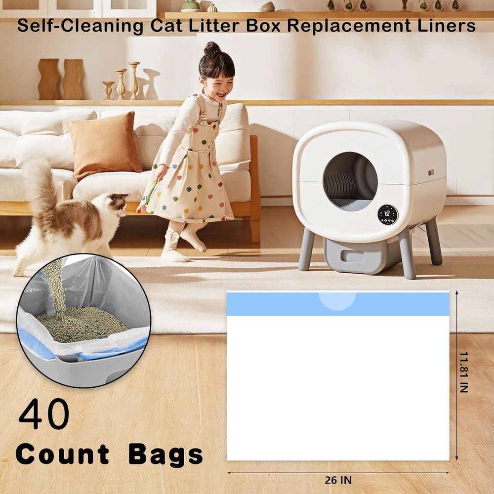 40-Pack Extra Thick Automatic Self-Cleaning Litter Box Liners with Drawstring