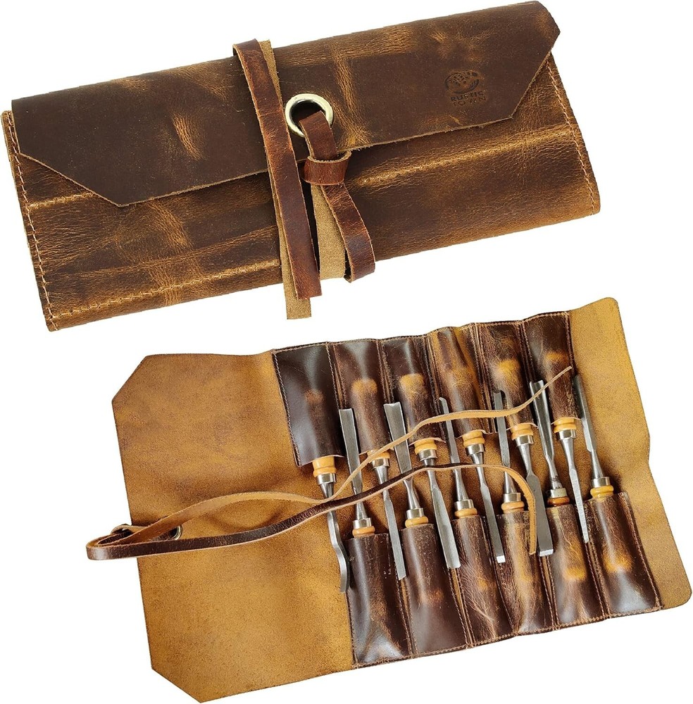 12 Pocket Leather Tool Roll for Mechanics - Compact & Durable Tool Storage.