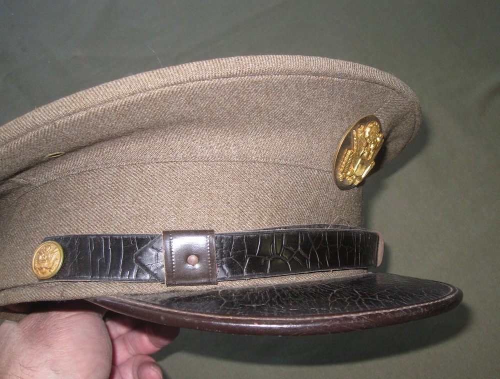 WW2 Enlisted OD Visor Cap With Black Leather Visor/ Chinstrap.