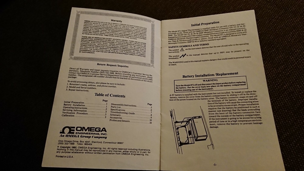 Omega Model 871 Digital Thermometer Instruction Operator's Manual schematic