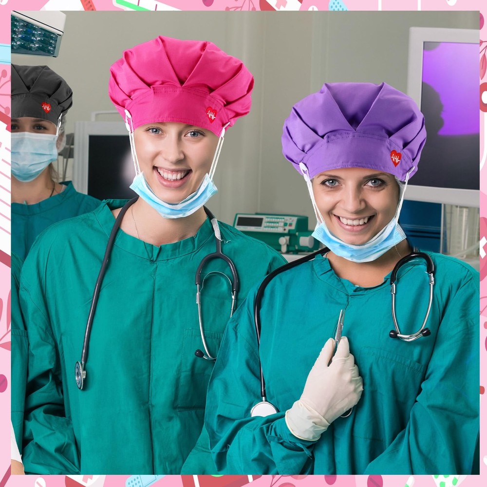 12 Pcs Bouffant Nurse Caps with Button Sweatband Adjustable Scrub Cap Elastic...
