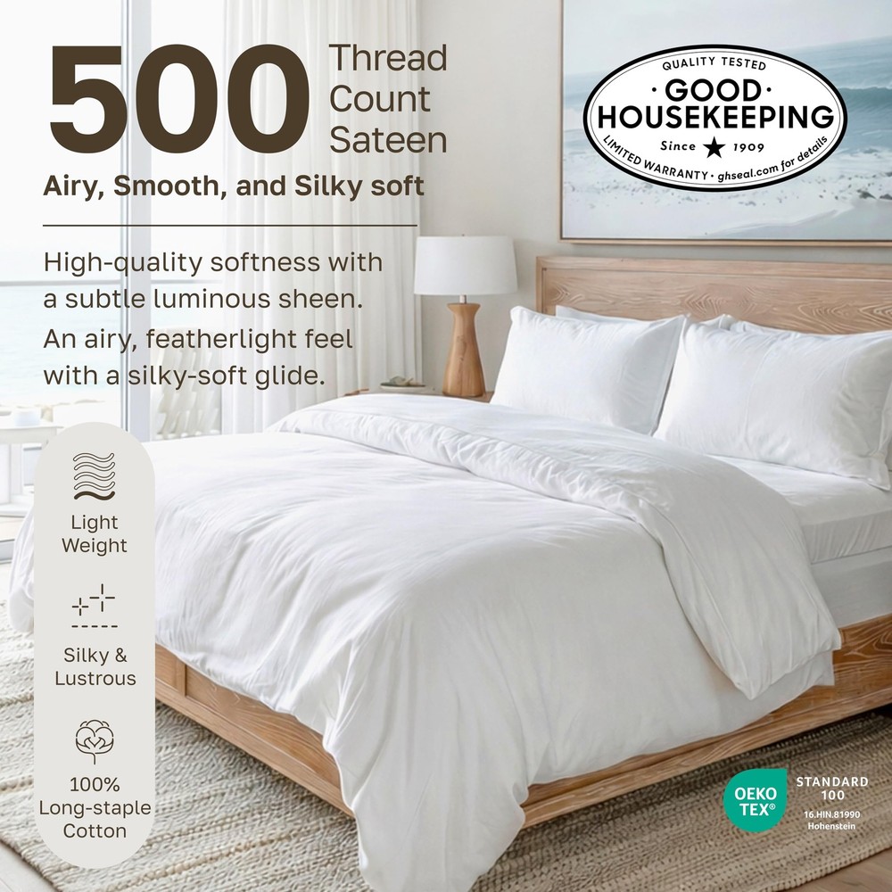 Soft & Silky 500 Thread Count 100% Cotton is Cool & Smooth, 2 White Standard ...