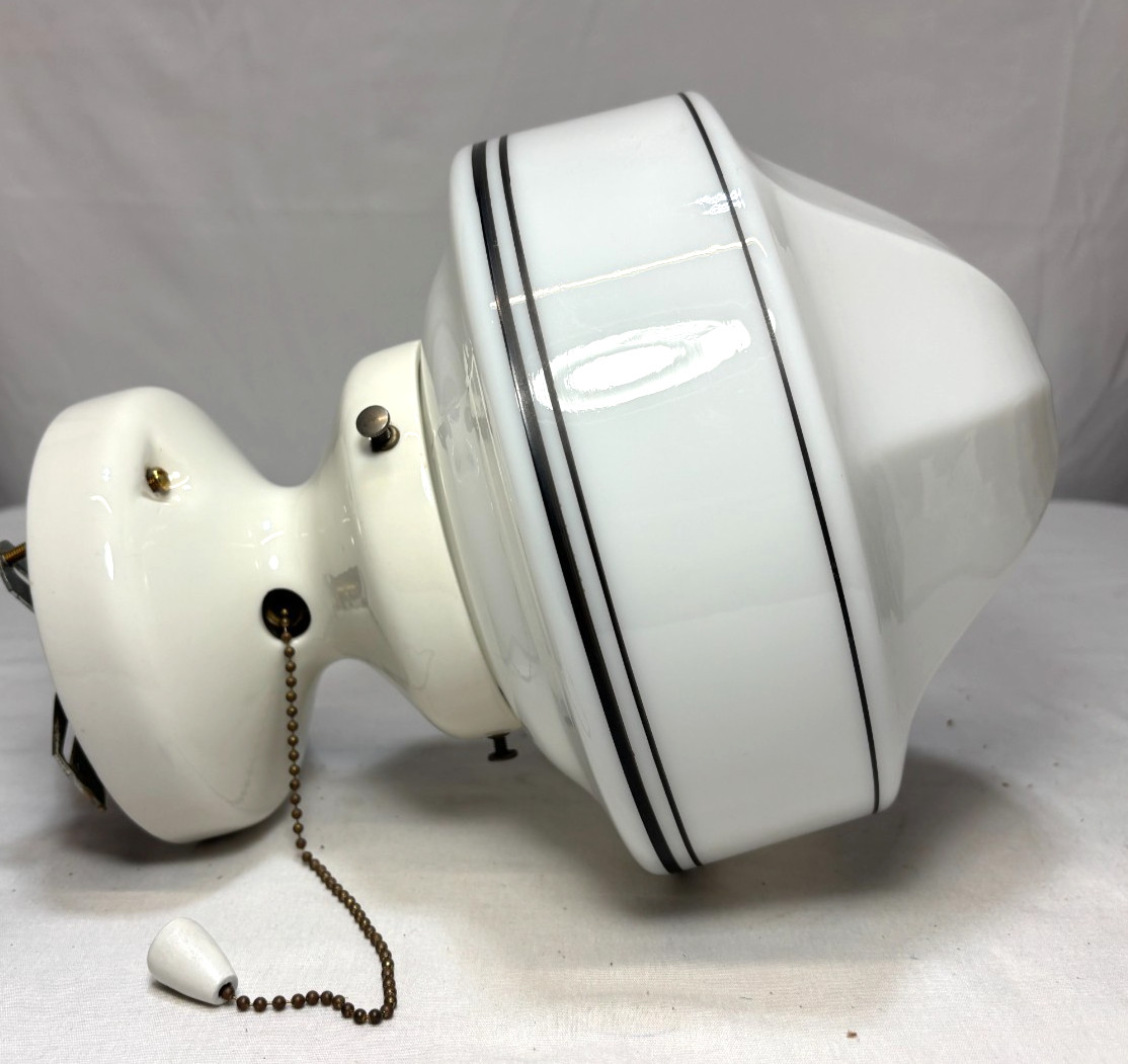 Vtg Porcelain Light Fixture Ceramic Ceiling Art Glass Shade Stripe USA #L99