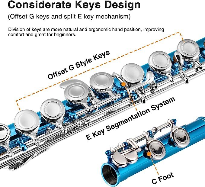 PogoLab CONCERT FLUTE | BLUE SCHOOL BAND WITH STAND HARD CASE & ACCESSORIES