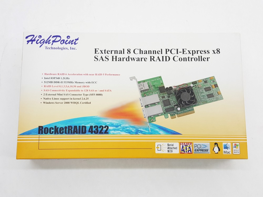 HIGHPOINT ROCKETRAID 4322 EXTERNAL 8-CH PCI-E x8 SAS RAID CONTROLLER NIB RETAIL
