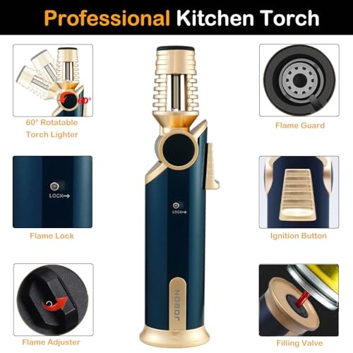 Butane Torch Lighter, 60° Rotatable Refillable Kitchen Cooking Torch Gold