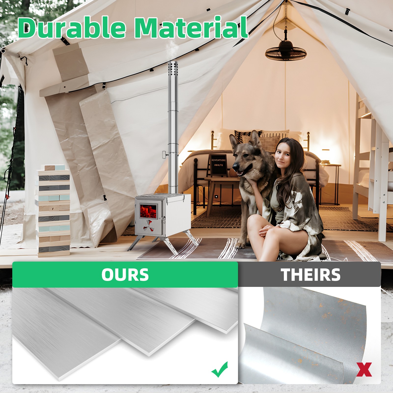 Camping Stove for Tent, Portable Stainless Steel Stove with 7 Chimney Pipes