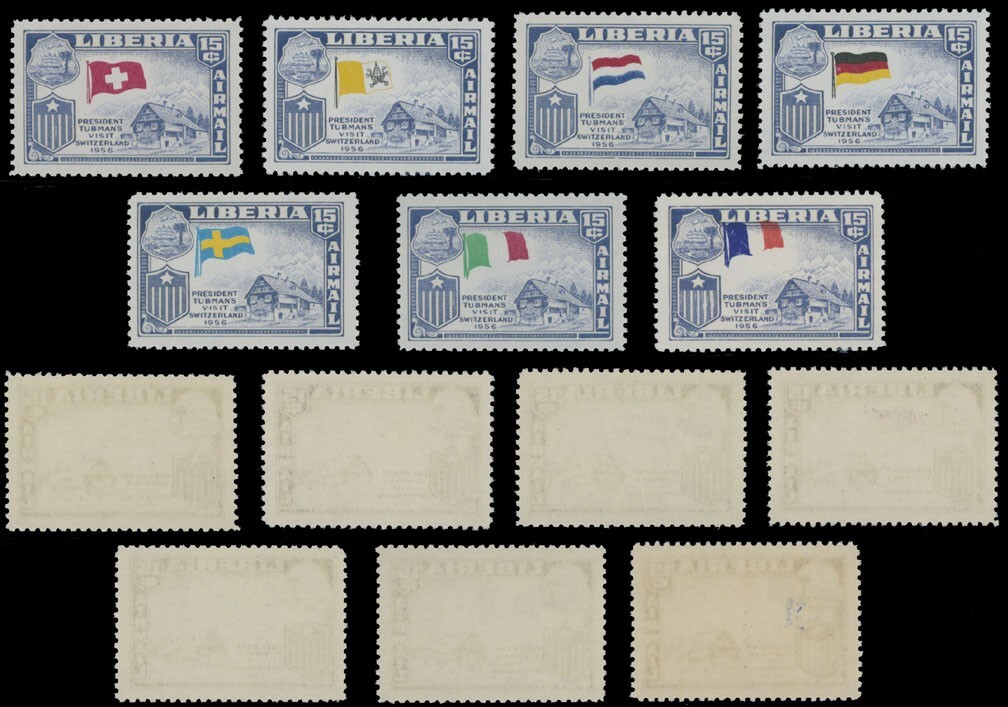 LIBERIA 1958 PRESIDENT'S VISITS 42 PERF STAMPS W/WRONG FLAGS SC#368-70, C114-17