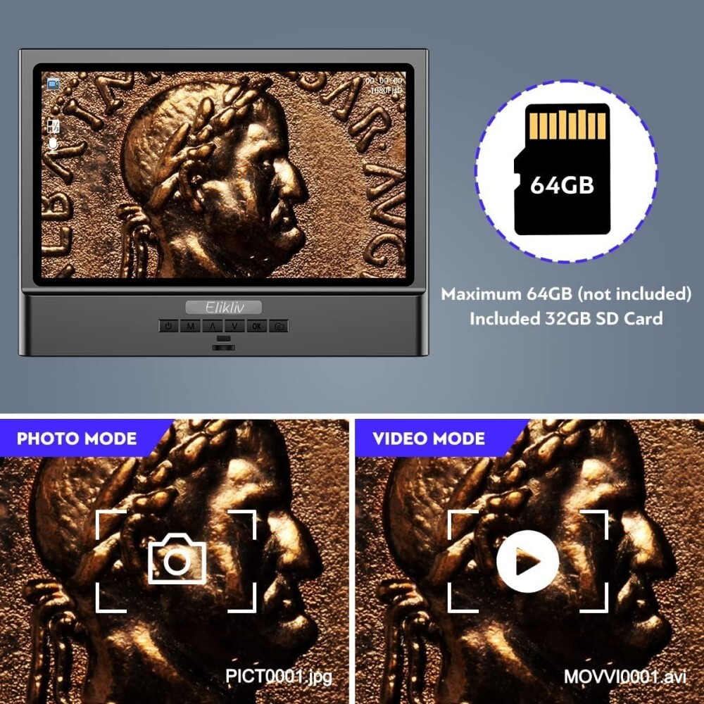 Elikliv Digital Microscope 10'' 12MP 1300X Coin Magnifier with Light for Adult