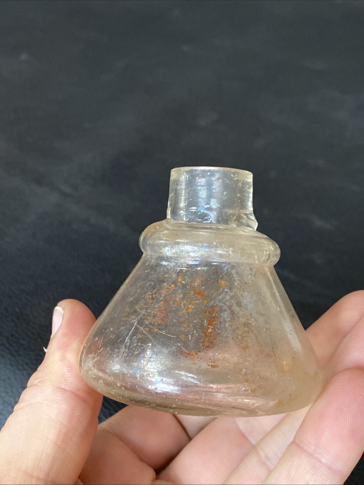 Antique Iridescent Clear Sheered Lip Cone Ring Shoulder 19th C Ink Well Bottle