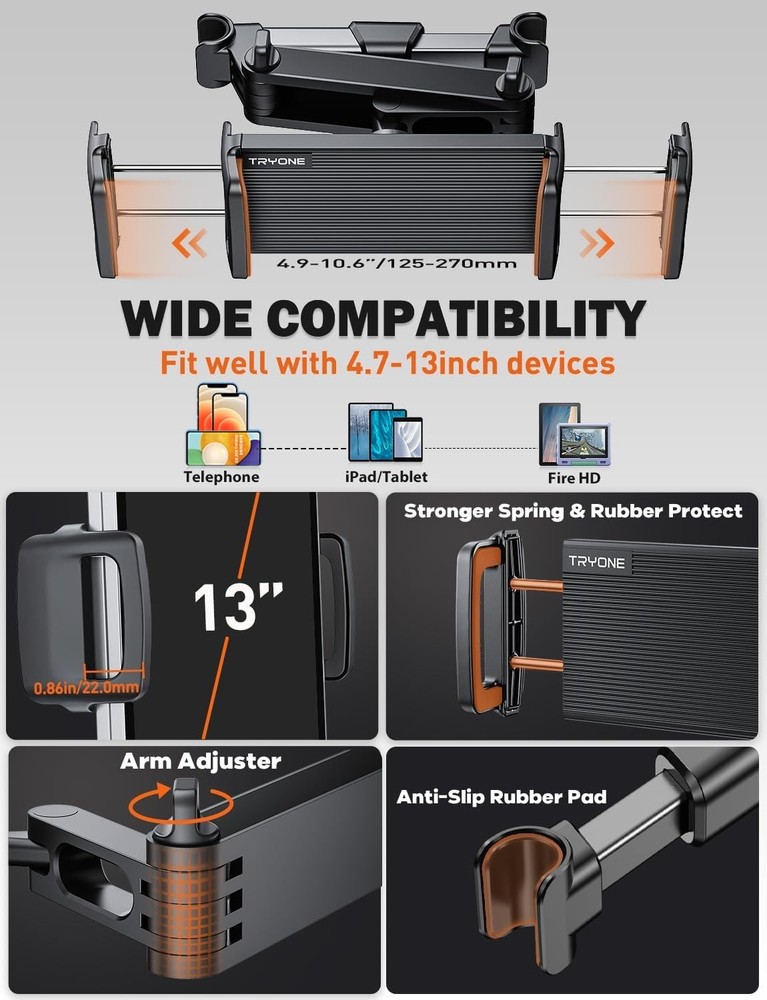 Tryone Car Headrest Tablet Holder Mount Stretchable Backseat Tablets Black