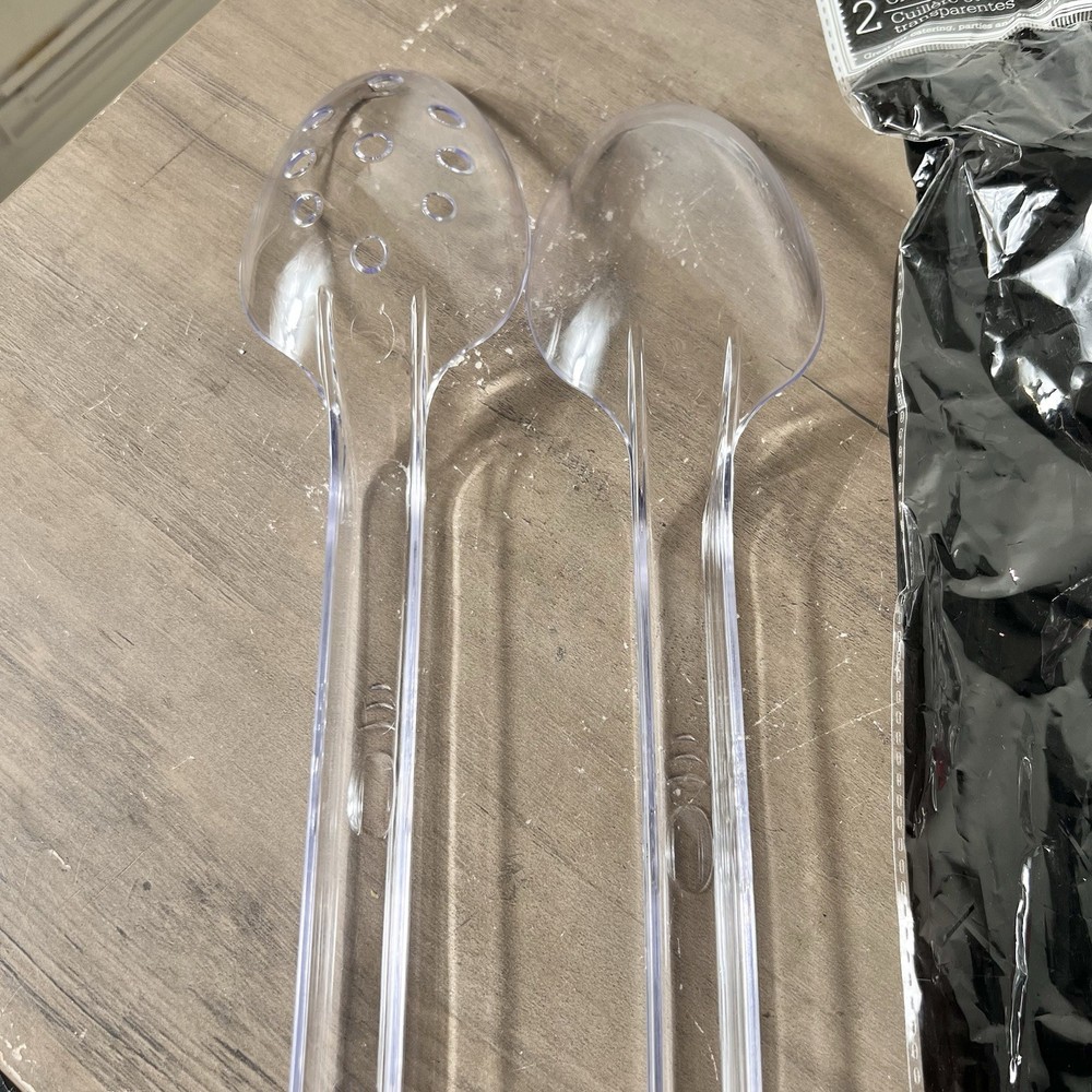 Clear Plastic Serving Spoon Set 2 Packs (2 Slotted 2 Solid) 12” Vtg 2001 READ