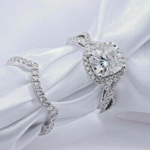 14k White Gold 2.50Ct Cushion Cut White Moissanite Engagement Ring Set Size 8.5