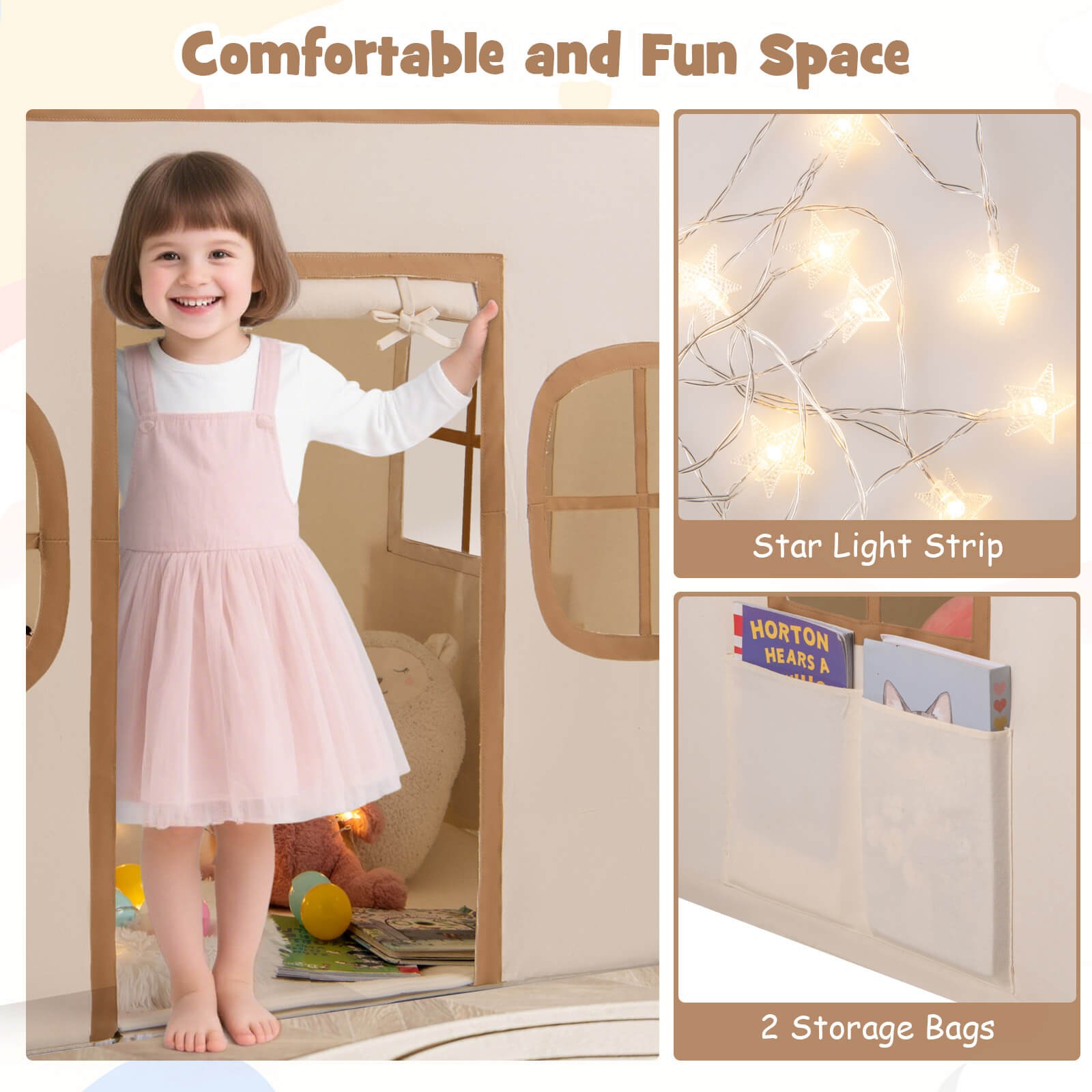 Kids Play Tent with Padded Mat, Star Lights, Side Storage Bags, Door & Windows
