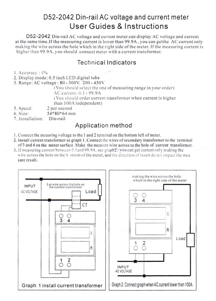 Din-Rail Acvoltage and Current Dual Display Voltmeter Ammeter AC80-300V 0-100A