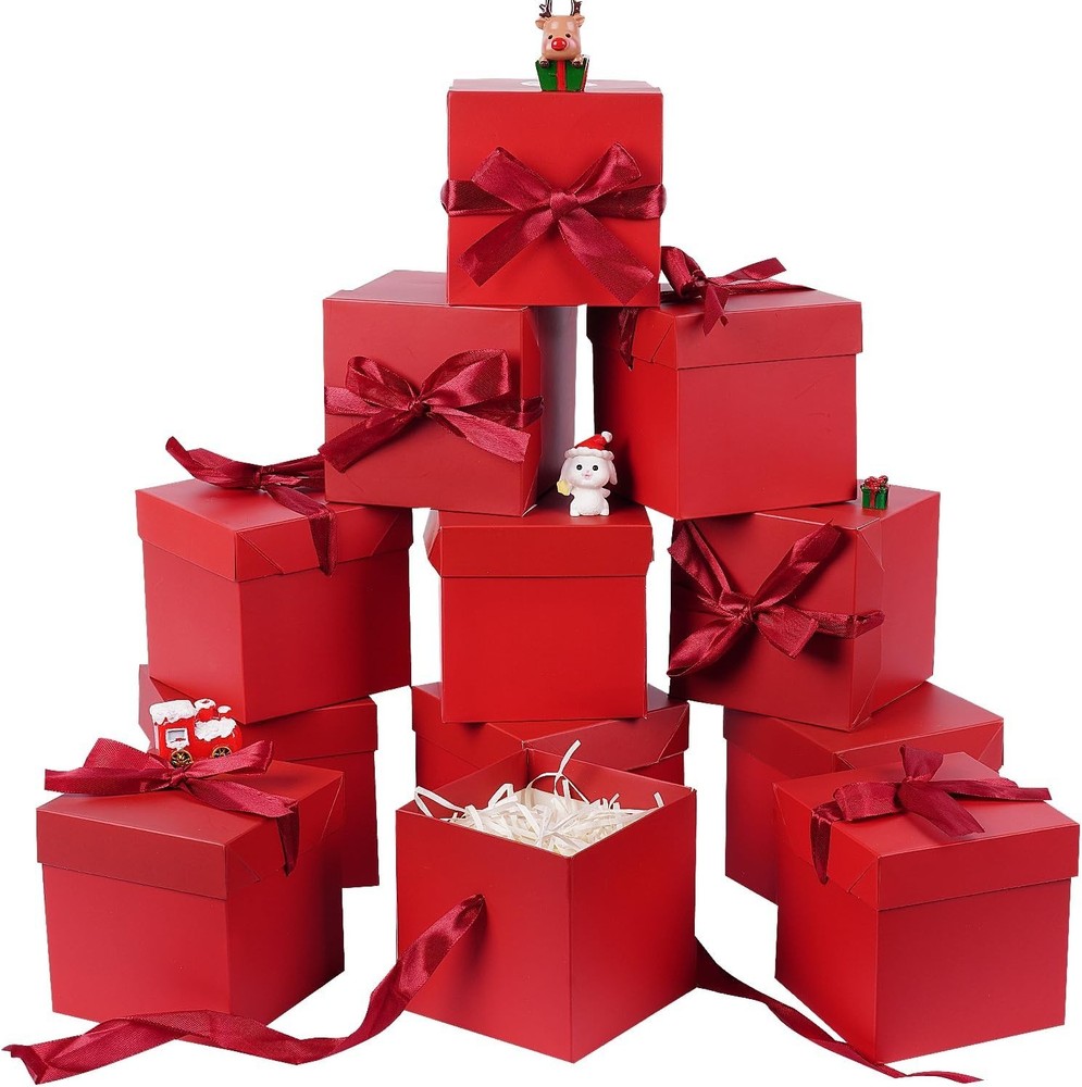 12Pack Small Gift Boxes with Lids, Red Gift Boxes with Ribbon for Christmas, ...