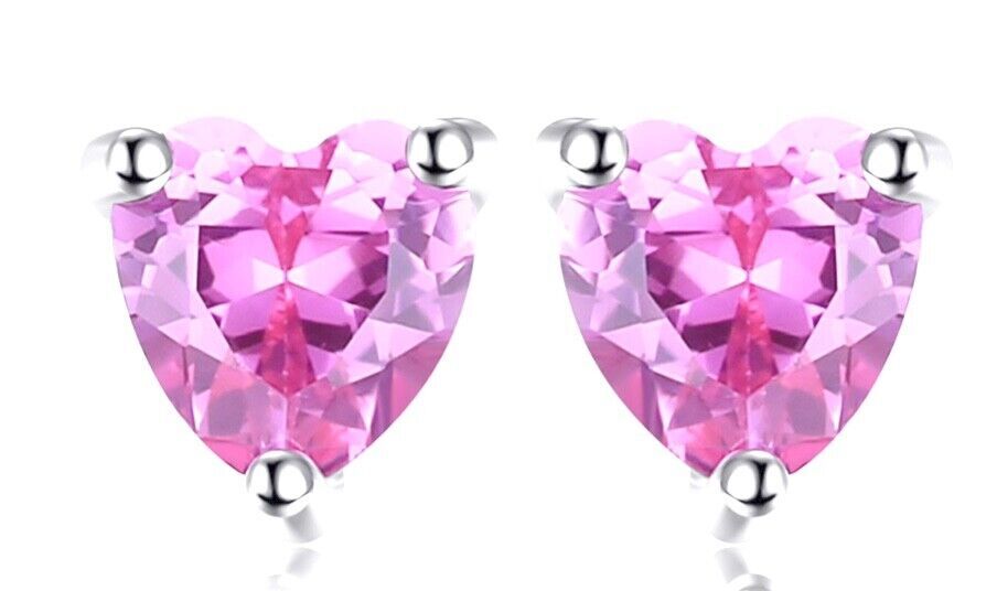Tiny Lab Grown Pink Sapphire Heart Stud Earrings Solid Sterling Silver 925