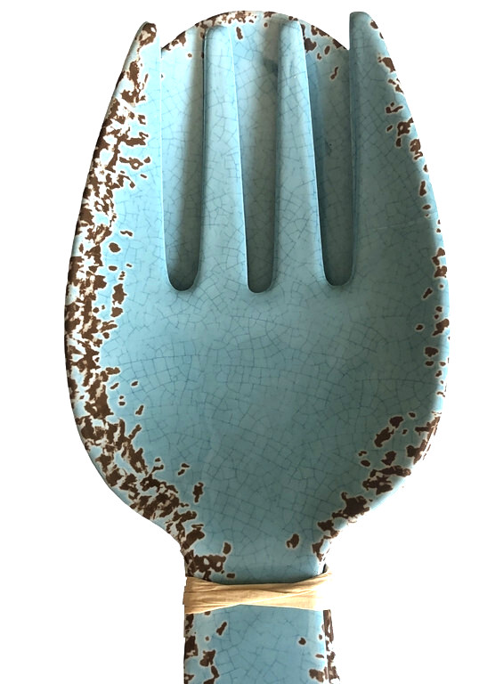 Tommy Bahama Speckled Salad Server Set Serving Spoon Fork Light Blue Rustic 11"