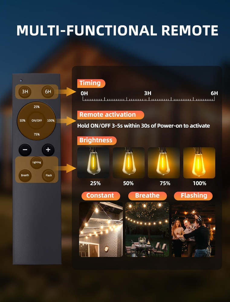 Outdoor Patio String Lights: 100Ft 30M outside Waterproof Light - Remote Dimmabl