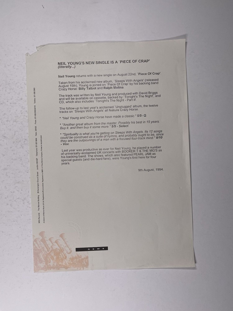 Neil Young Press Release Original 'Piece Of Crap' 9th August 1994