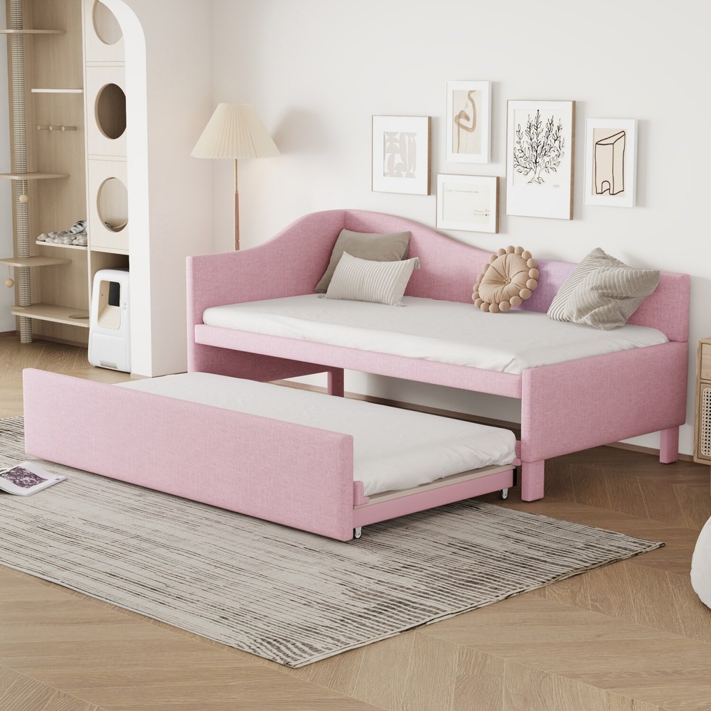 Twin Size Daybed Linen Upholstered Bed Frame Sofa Bed w/ Pull Out Trundle Bed