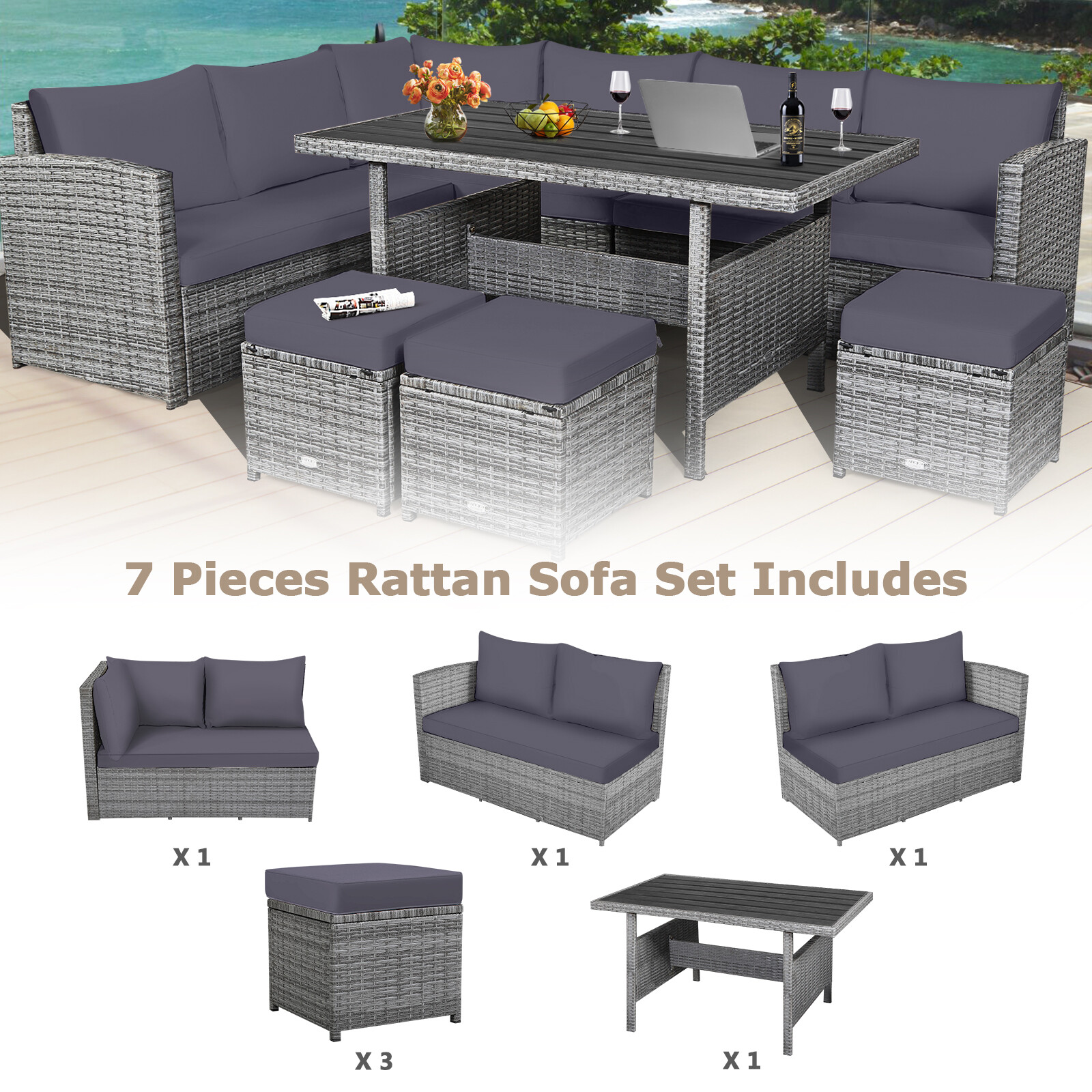 7PCS Rattan Patio Sectional Sofa Set Conversation Set w/ Grey Cushions