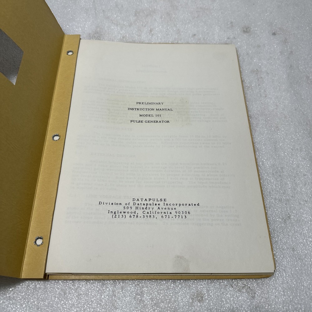 Datapulse Model 101 Pulse Generator Preliminary Instruction Manual