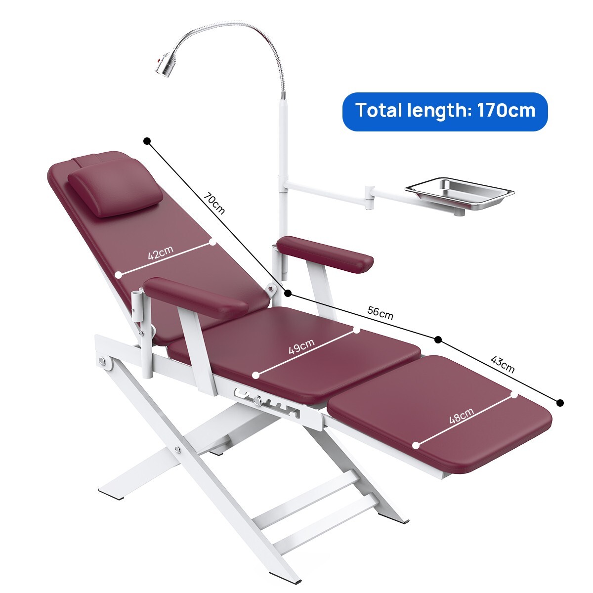 Portable Dental Mobile Folding Chair PU Leather with LED Light & Tray Wine Red